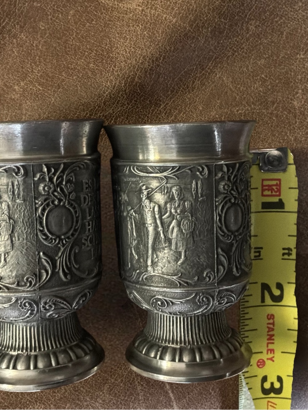 Vintage Pewter Shot Glasses Set of 6 Relief Scene Cups Zinn Wine Tasting Barware - Picture 12 of 13